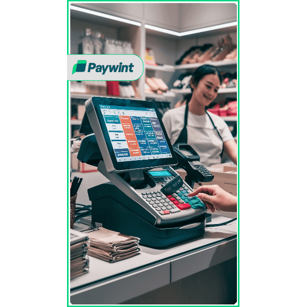 Comprehensive Features for Smarter Operations A Modern Retail Store Checkout Counter Featuring a Paywint POS System, with a Cashier Assisting Customers