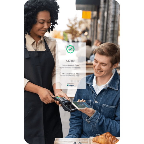 Enhance Customer Experience with Effortless Transactions A Smiling Waiter Processes a Contactless Mobile Payment from a Happy Customer at an Outdoor Café, with a Paywint Payment Confirmation Overlay