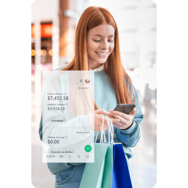 Made for Your Everyday Needs A Smiling Woman Holding Shopping Bags and Using Her Smartphone with a Paywint Interface Overlay Showing Account Details