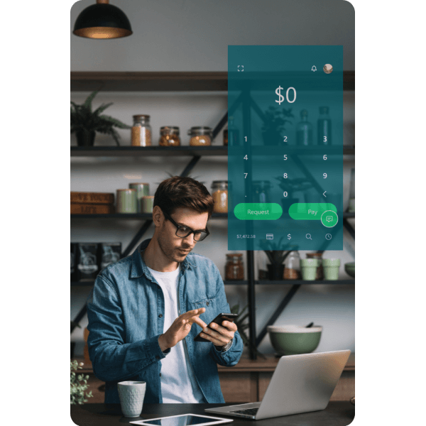 Safe and Secure Transactions A Man in a Casual Home Setting Using His Smartphone with a Paywint Interface Overlay Showing Payment and Request Options