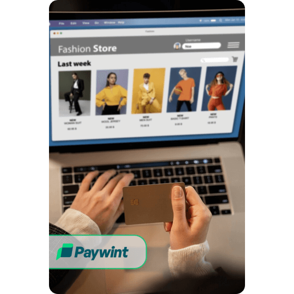 Sell with Confidence – Simple, Secure, and Seamless A Person Making an Online Purchase Using a Credit Card on a Laptop, Shopping from a Fashion Store, with the Paywint Logo Displayed