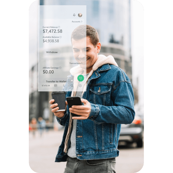 Why Choose Paywint's Digital Wallet? A Smiling Man In A Denim Jacket Holding A Smartphone And A Coffee Cup, With A Digital Overlay Displaying Account Balance And Transaction Details