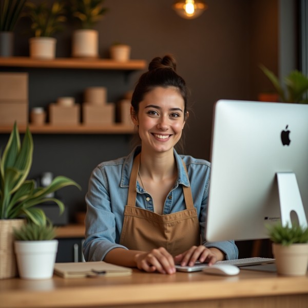 Applying for a Merchant Account on Paywint Is Very Easy A Female Merchant Wearing an Apron, Sitting at the Counter with a Pleasant and Professional Demeanor