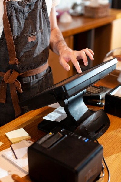 Easy Integration with Your Business A Smiling Cashier Using a POS System with Paywint for Seamless Payment Processing