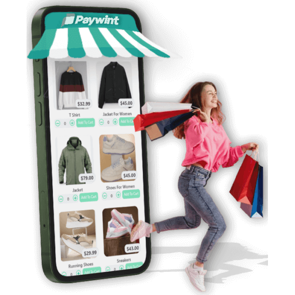 Get Paid Faster & Scale Your Shopping Store Smiling Man Using His Smartphone with the Paywint Logo, Representing a Seamless and User-Friendly Payment Experience
