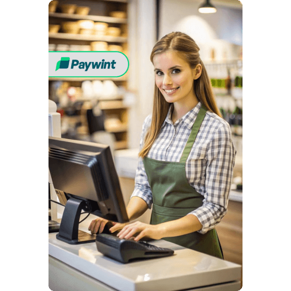 Grow Your Business with Reliable Payment Solutions A Smiling Cashier Using a POS System with Paywint for Seamless Payment Processing