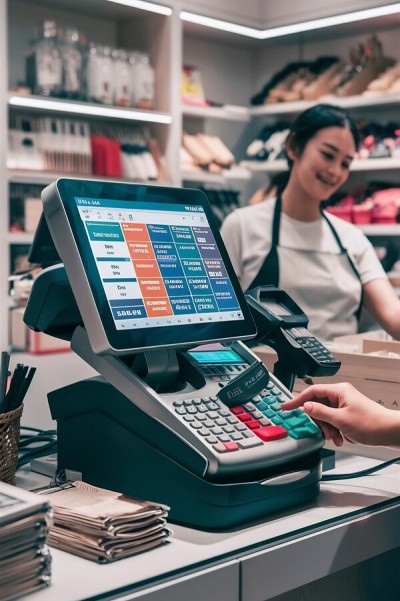 Seamless Integration with Sales & Inventory A Modern Point-Of-Sale (POS) System at a Retail Store Counter, Processing Payments with a Smiling Cashier in the Background
