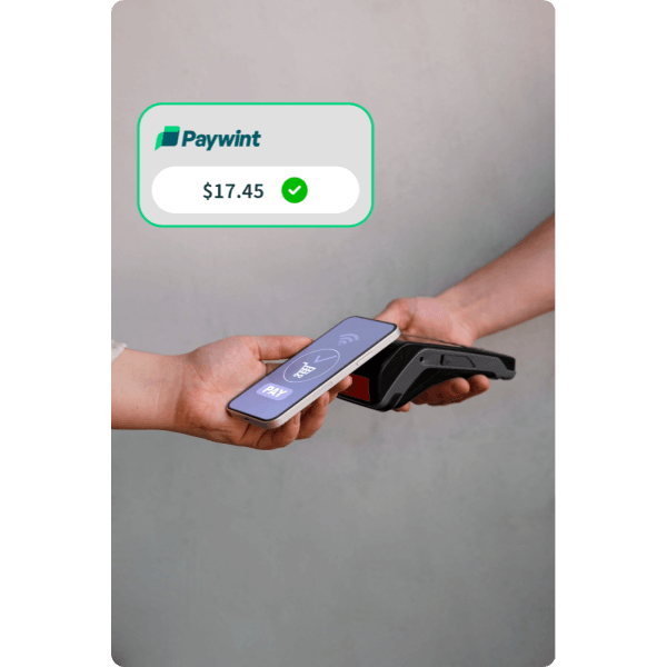 The Future of Payments is Here A Customer Making a Contactless Payment Using a Mobile Phone, with the Paywint Logo and Transaction Amount Displayed