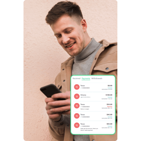Track and Manage Payments Easily Smiling Man Using His Smartphone with the Paywint Logo, Representing a Seamless and User-Friendly Payment Experience