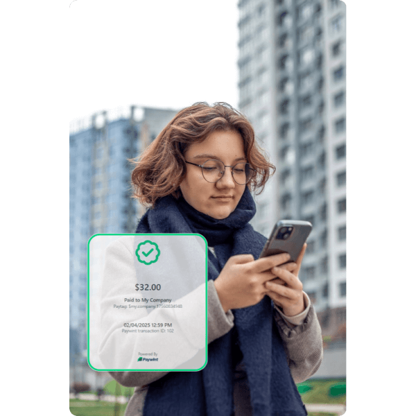 Why Choose Paywint for Instant Transactions? A Woman Outdoors Using Her Phone, with a Digital Payment Receipt Overlay Showing a Paywint Transaction