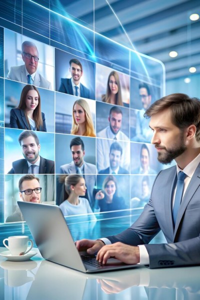 Automate Employee Onboarding and Offboarding Professional Man Conducting a Virtual Meeting with Multiple Team Members Displayed on a Digital Screen