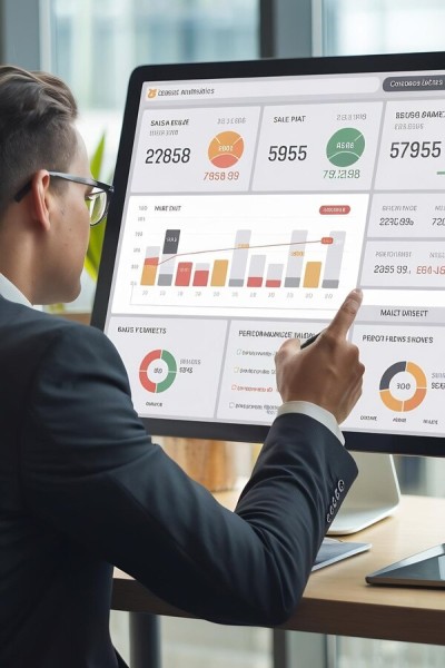 Automated Reports for Smarter Decision-Making Leader Analyzing a Digital Board Displaying Performance Stats and Employee Profiles in a Crowd