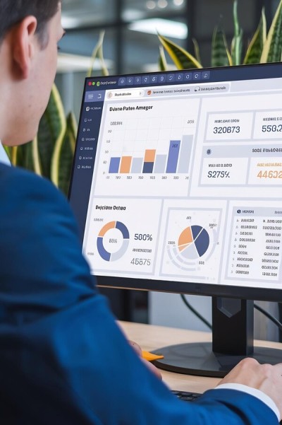 Customizable Dashboards for Better Control Professional Man Conducting a Virtual Meeting with Multiple Team Members Displayed on a Digital Screen