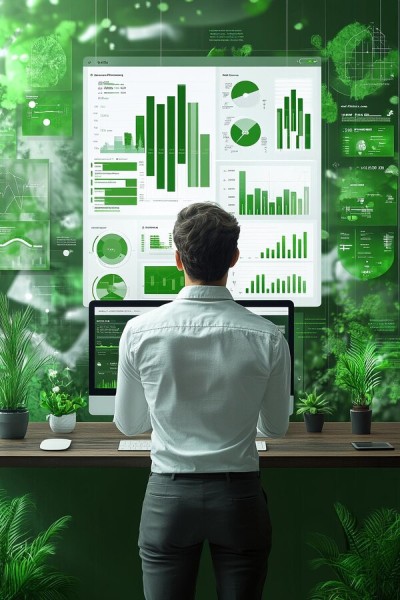 Customizable Reports and Performance Metrics Professional Reviewing Financial Analytics and Performance Metrics on a High-Tech Dashboard