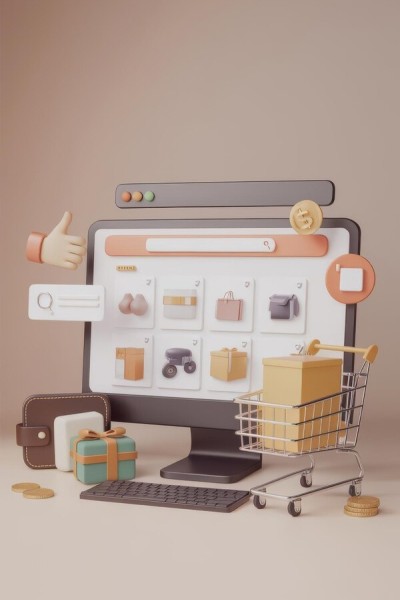 Customization to Fit Your Brand 3D Illustration of an Ecommerce Website with Shopping Cart, Packages, and Payment Icons