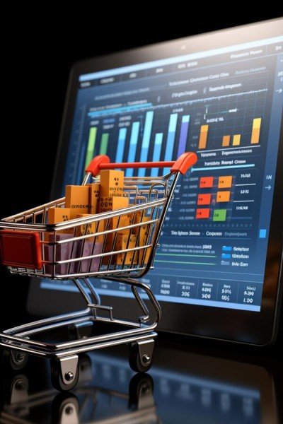 Effortless Management with a Powerful Dashboard A Miniature Shopping Cart Filled with Small Boxes Placed in Front of a Digital Dashboard Displaying Financial Analytics
