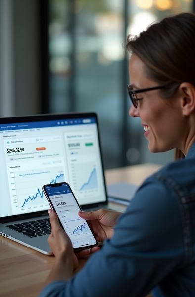 High Payouts and Recurring Commissions A Woman Using Paywint's Financial Dashboard on a Laptop While Checking Real-Time Analytics on Her Smartphone