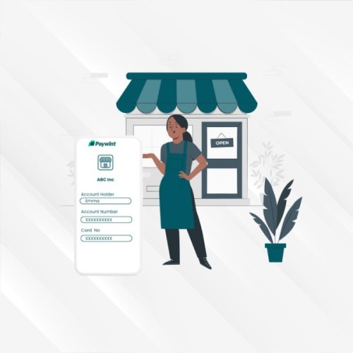 A Small Business Owner Standing Confidently in Front of Her Store, Showcasing a Paywint Account Interface for Easy, Secure Payments