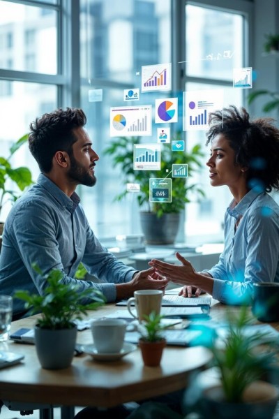 Optimize Operations with Short Sale Management Software Two Professionals Discussing Financial Data with Digital Analytics Graphics Overlaid