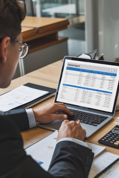 Organized Record-Keeping Businessman Reviewing Detailed Financial Reports on a Laptop