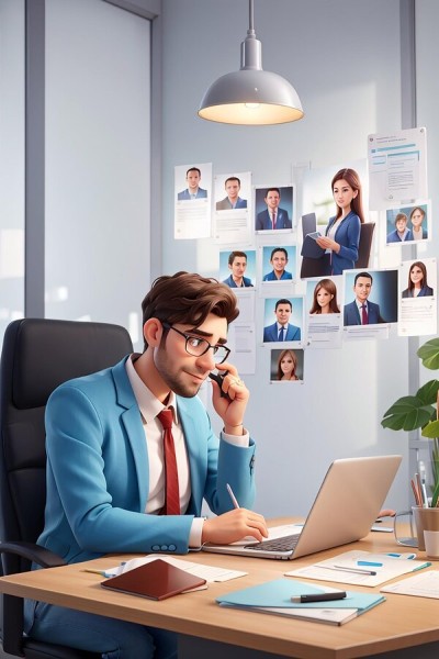 Performance Tracking and Reporting Business Professional Reviewing Candidate Profiles on a Wall While Working on a Laptop