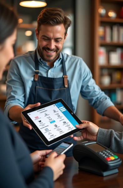 Promote a Trusted Brand with Multiple Services A Smiling Store Owner Holding a Tablet Displaying Paywint's Payment Management Interface While a Customer Makes a Transaction