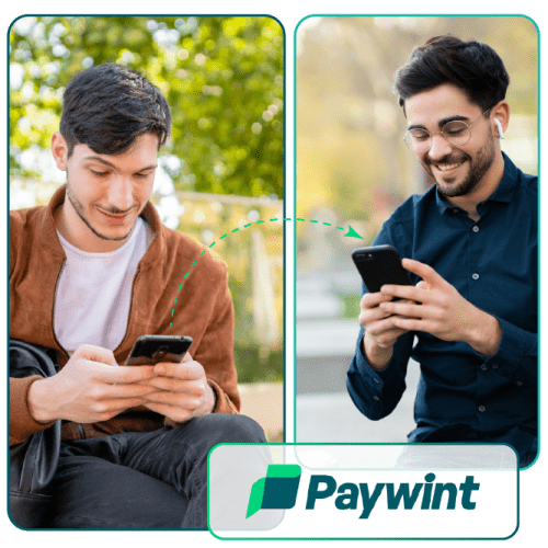Two Men Using Smartphones Are Connected By A Dotted Arrow, Symbolizing A Transaction. The Paywint Logo Highlights The Platform’s Receive Money Feature
