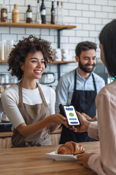 Reliable Mobile Payment Solutions for Restaurants and Retail A Smiling Barista Receiving a Mobile Payment from a Customer at a Café