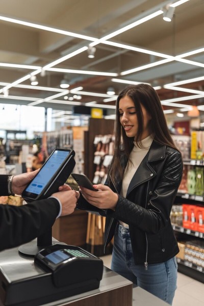Scalable Solutions for Business Growth A Woman Making a Contactless Payment with Her Smartphone at a Retail Store Checkout