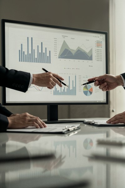Scale Your Business with Confidence Business Professionals Analyzing Financial Charts on a Monitor