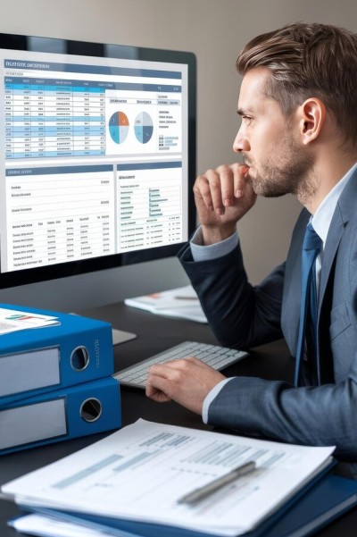 Seamless Integration with Business Tools Business Professional Reviewing Candidate Profiles on a Wall While Working on a Laptop