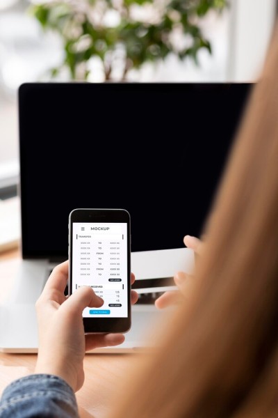 Seamless Vendor Payment Tracking A Person Using a Mobile Payment Application on Their Smartphone, with a Blank Desktop Screen in the Background