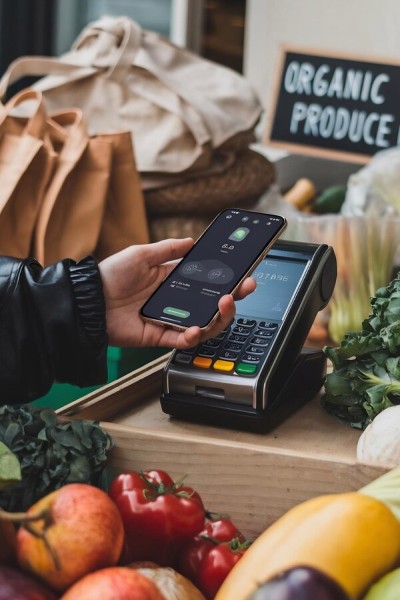 Secure and Reliable Transactions A Person Using a Smartphone for Contactless Payment at an Organic Produce Market