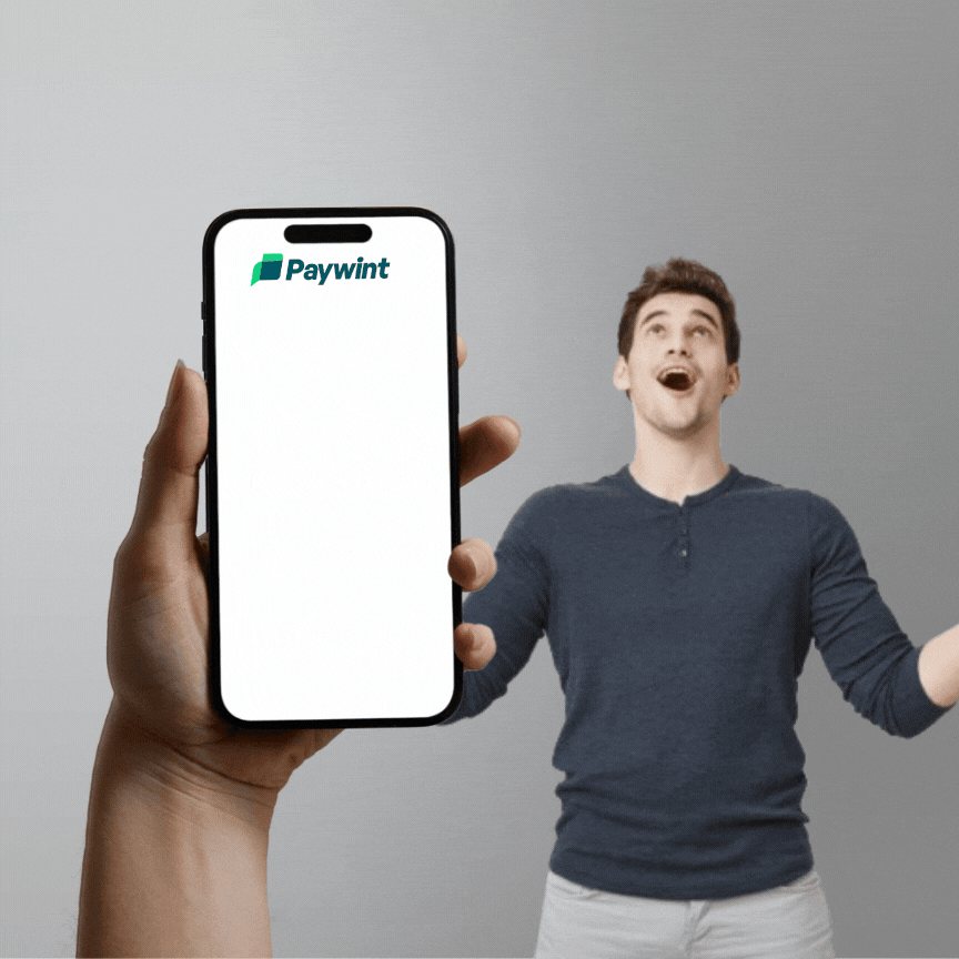 Send Money Animated Paywint App Screen with a Happy Man Celebrating as Cash Falls from Above