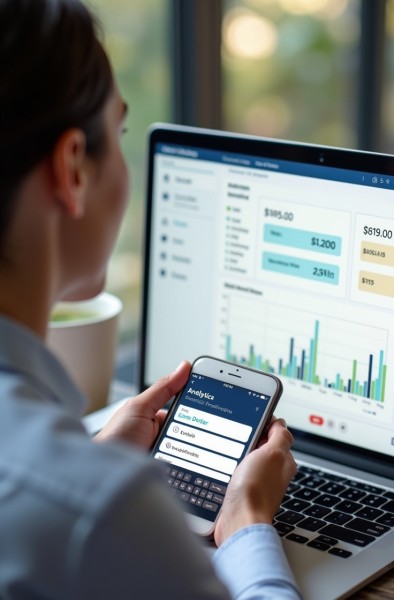 Simple Sign-Up and Easy Tracking A Business Professional Using Paywint’s Analytics Dashboard on a Laptop and Mobile App for Financial Management