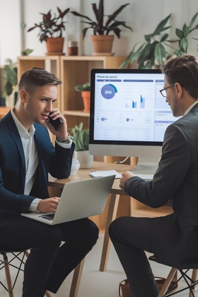 Simplify Operations with Smart Tools Two Professionals Discussing Business Insights While Reviewing Performance Metrics