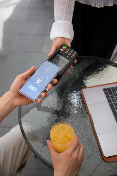 Streamline Payments with Ease A Person Using a Smartphone for a Contactless Payment at a Cafe