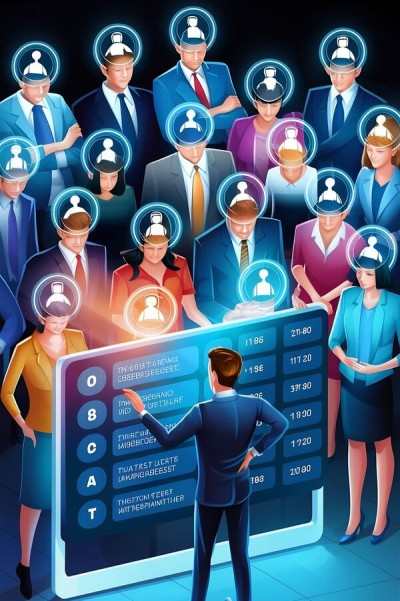 Streamline Workforce Operations Leader Analyzing a Digital Board Displaying Performance Stats and Employee Profiles in a Crowd