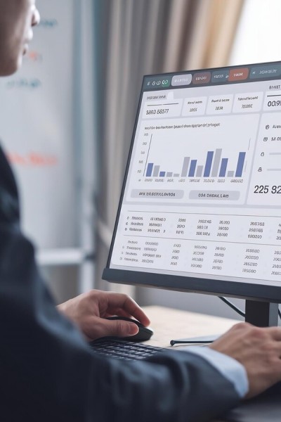 Accurate Reporting and Automated Entries Businessman Analyzing Sales Reports and Financial Entries on a Desktop Screen