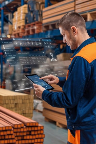 Automated Alerts & Reporting A Warehouse Worker Using a Tablet with a Futuristic Digital Interface for Inventory Tracking
