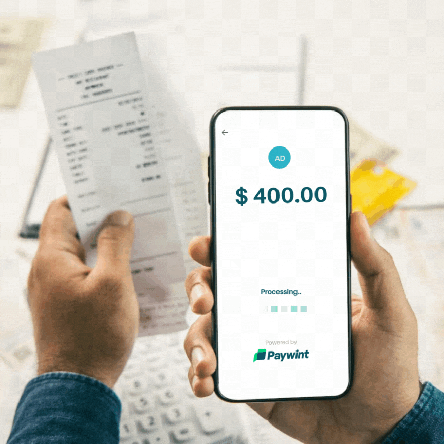 Bill Payment A Person Paying a $400 Bill Using a Mobile App Powered by Paywint