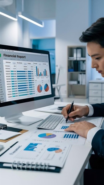 Custom Reports with Real-Time Updates Digital Financial Reports Displayed on a Laptop Screen in an Office