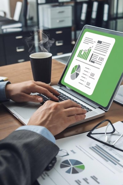 Instant Reports for Smarter Budgeting Digital Financial Reports Displayed on a Laptop Screen in an Office