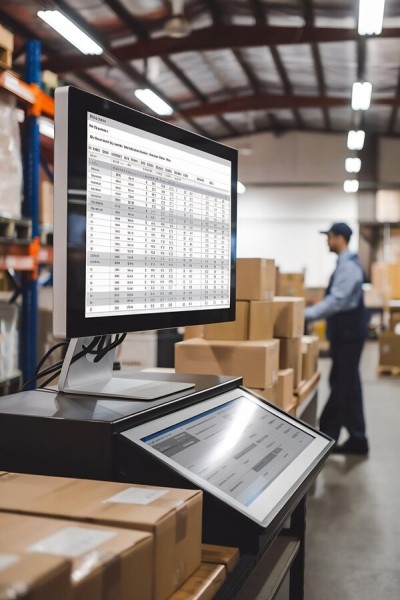 Optimize Stock Management Effortlessly A Warehouse Computer Displaying Inventory Data While a Worker Organizes Packages in the Background