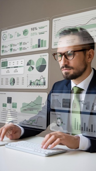 Scalable Reporting as You Grow Business Professional Analyzing Financial Data Using Advanced Reporting Software on Transparent Screens