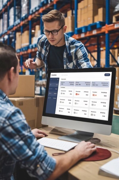 Scalable for Any Business Size Two Warehouse Employees Reviewing Inventory Data on a Desktop Computer, with a Modern Inventory Management System Displayed on the Screen