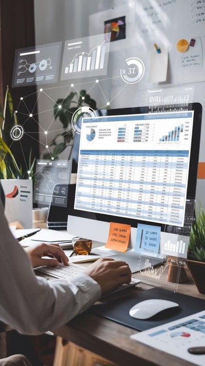 Scale with Confidence Using Real-Time Insights Business Professional Analyzing Financial Data Using Advanced Reporting Software on Transparent Screens