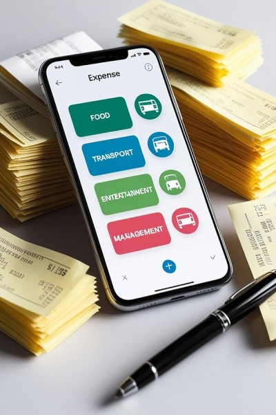 Smart Categorization for Every Transaction Mobile Expense Tracking Categories on a Smartphone Surrounded by Receipts