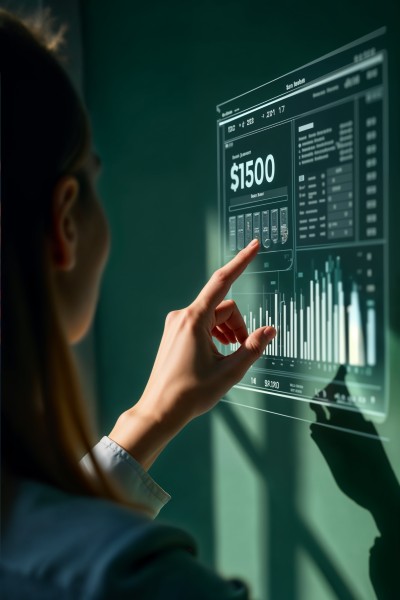 Time-Saving Integrations for Smarter Management Woman Interacting with a Futuristic Digital Interface Displaying Financial Analytics and Performance Data