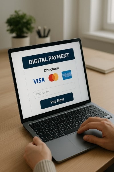 Compatible With All Major Cards Digital Financial Reports Displayed on a Laptop Screen in an Office